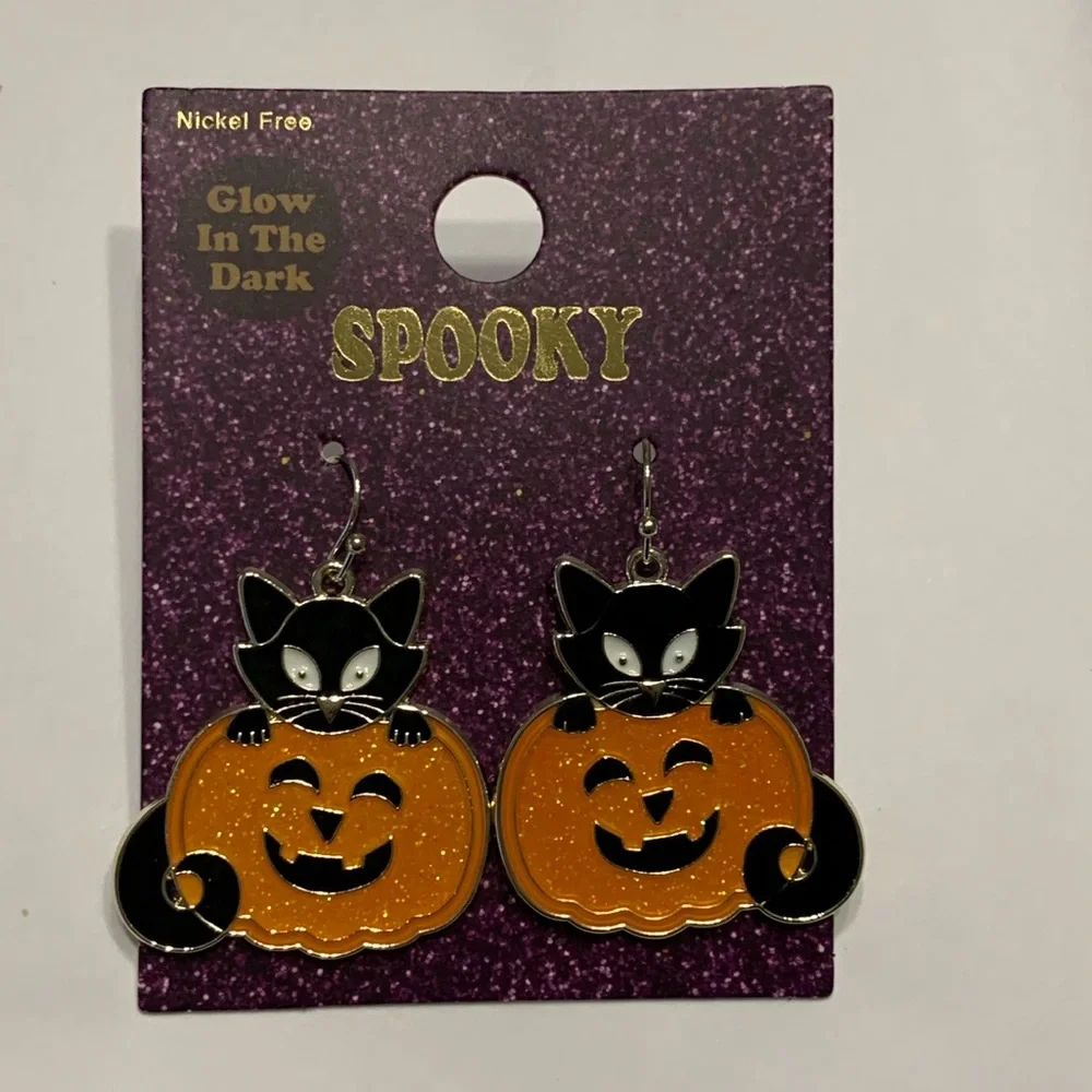 Spooky Glow in the Dark Pumpkin and Cat Nickel Free Fishhook Earrings